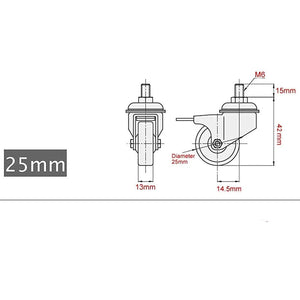 Small 25mm Castor Wheels M6x15mm Stem Threaded 40KG - GBL Castors